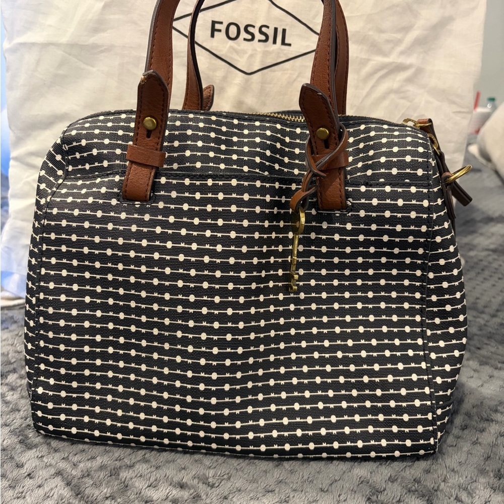 Fossil Rachel Satchel in Black and White Key Pattern